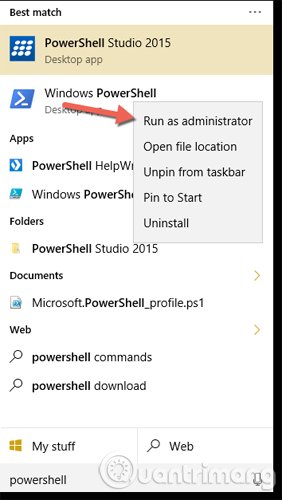Nhấn chuột phải vào Windows PowerShell, chạy dưới quyền Admin