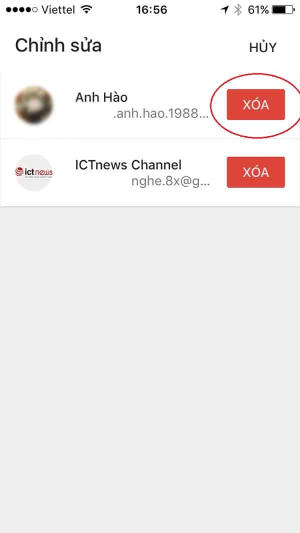 nhấn xóa để hoàn thành đăng xuất email trên iphone