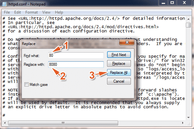 Sau khi mở tệp tin httpd.conf bằng Notepad, bấm tổ hợp phím Ctrl + H để hiển thị cửa sổ thay thế (sửa lỗi không start được MySQL trong XAMPP)