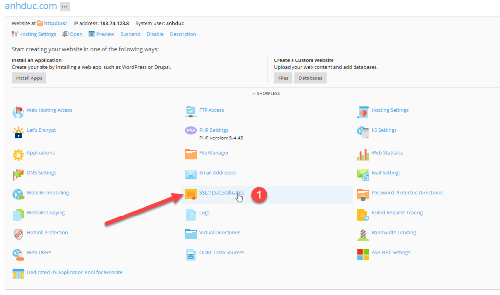 Trong Plesk control Panel, vào mục Website & Domain rồi chọn SSL certificate