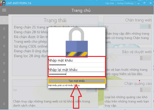 tạo mật khẩu trên phần mềm LMT Anti Porn