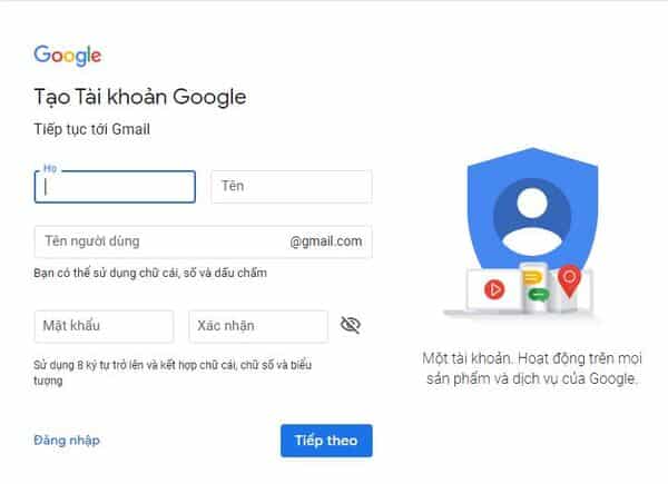 Tạo tài khoản google trên máy tính