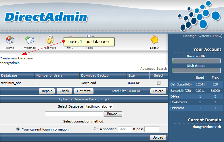 Hướng dẫn tạo Database trong hosting linux