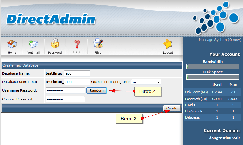 Tạo tên database và user theo ý của bạn