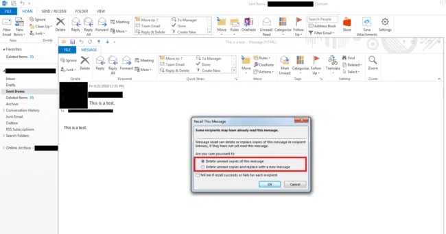 Tích vào “Tell me if recall succeeds or fails for each recipient” để thiết lập thông báo thư đã hoặc chưa được thu hồi