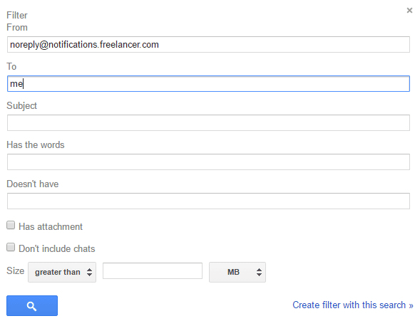 Trong cửa sổ popup filter, nhập tên địa chỉ email người gửi mà bạn muốn xoá trên khung From, sau đó nhập khung To là me, tiếp theo nhấn vào biểu tượng màu xanh là search