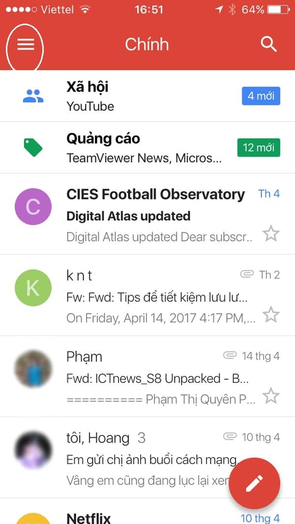 Trong giao diện chính của gmail, chọn biểu tượng danh mục thêm trên góc trái màn hình