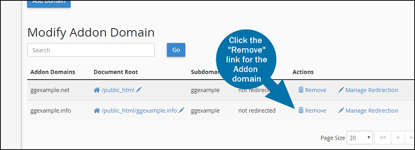 Xoá addon domain