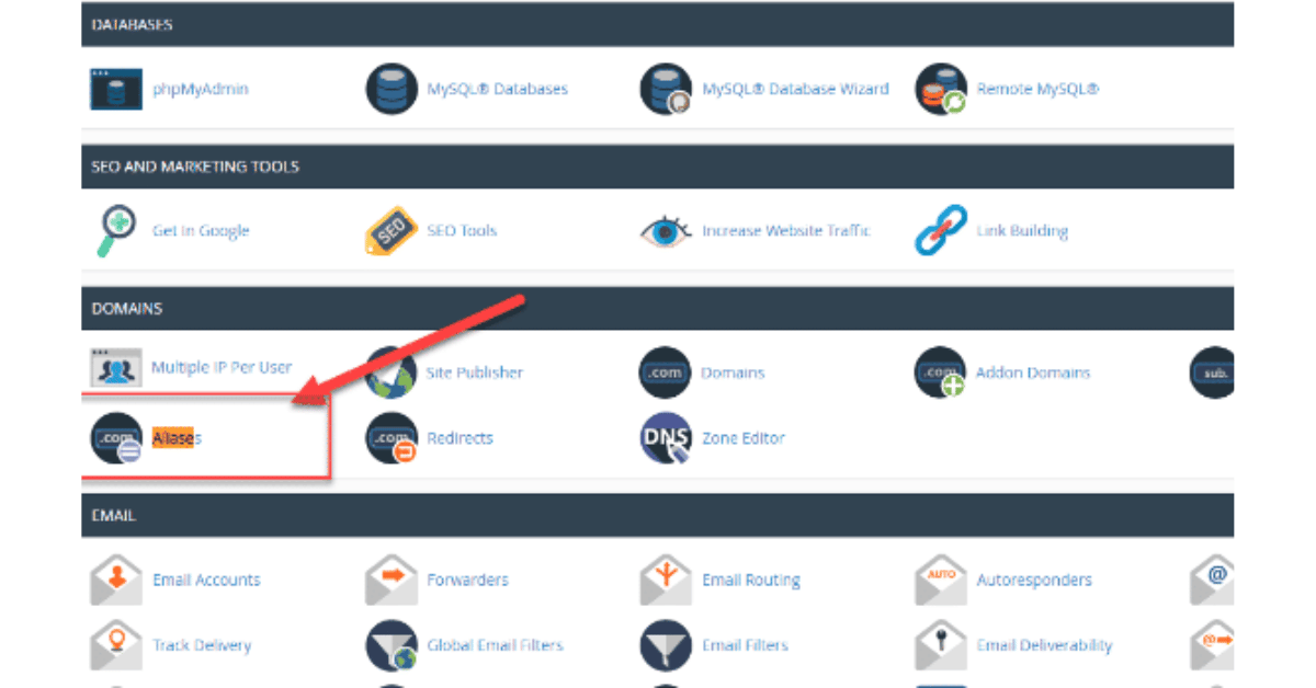 Chức năng Alias domain được cung cấp sẵn trong cPanel hosting