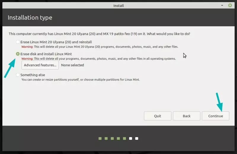 . Lựa chọn “Erase disk và Install Linux Mint” > Continue