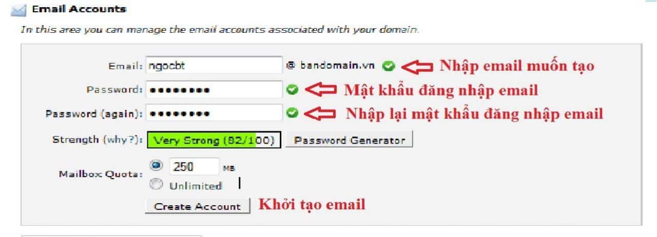 Điền đầy đủ thông tin ở Email Account