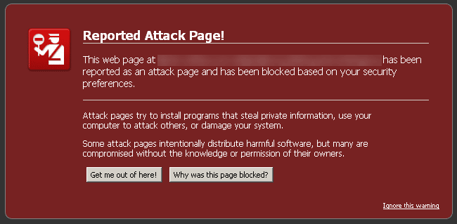 Website báo lỗi bị chặn và cảnh báo mã độc