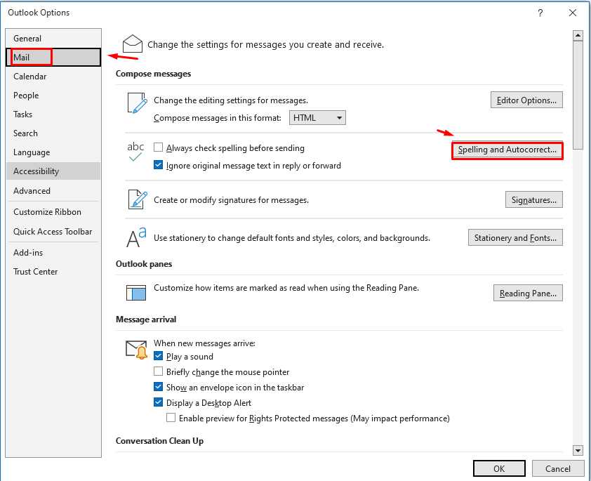 tìm đến Mail và chọn vào Spelling and Autocorrect…