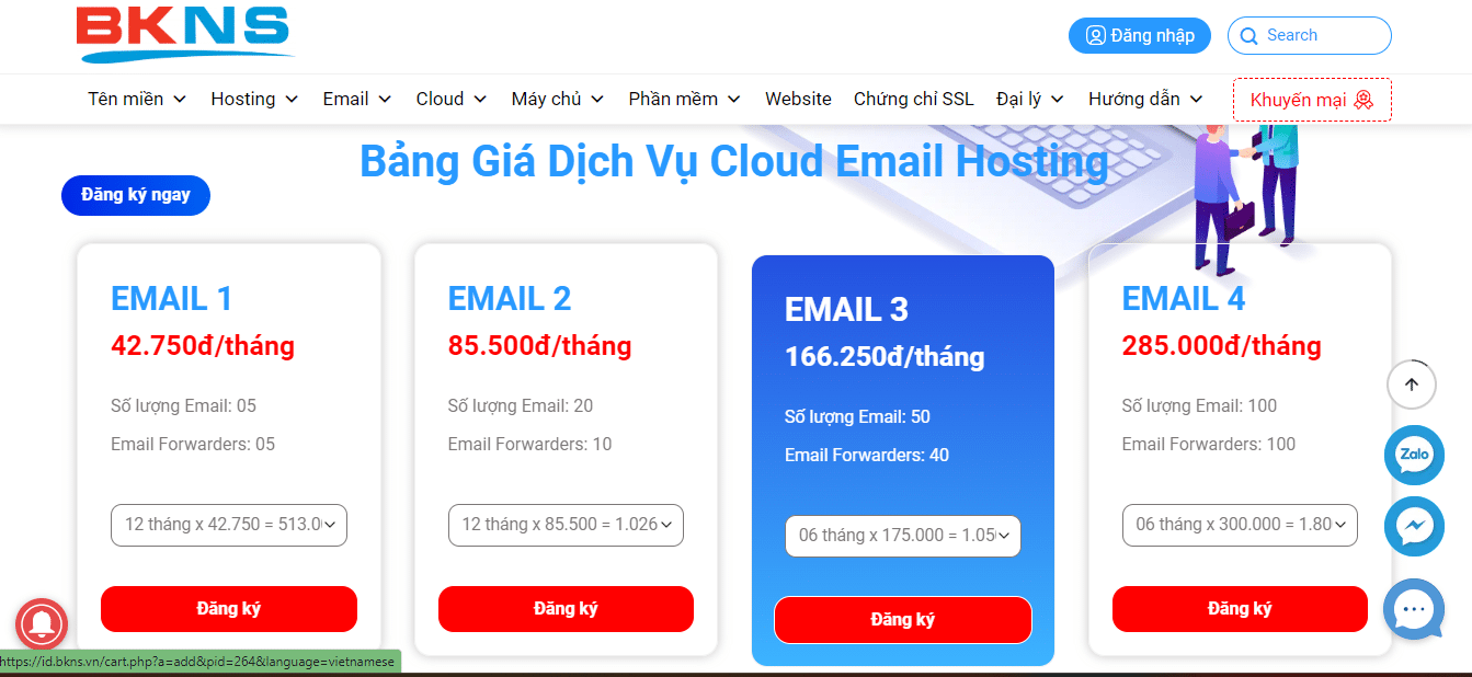 Đăng ký dịch vụ email trên BKNS