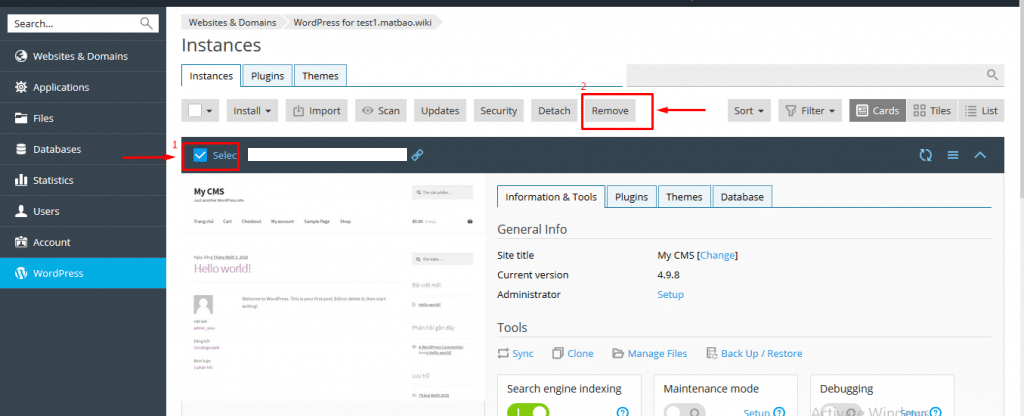 Chọn domain WordPress -> click Remove