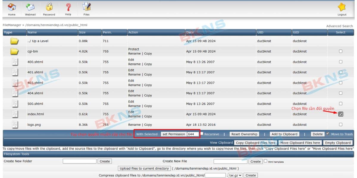 Đổi quyền cho thư mục hoặc file