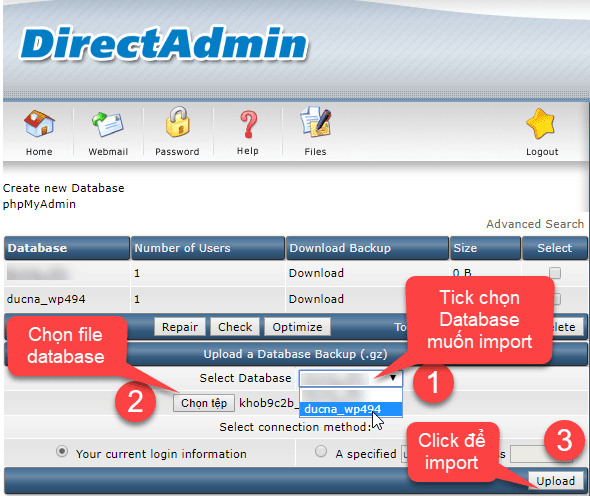 Thao tác import database