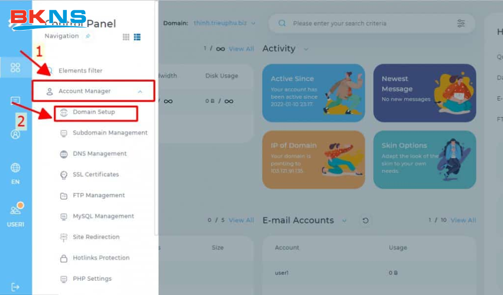 Chọn Account Manager, Domain Setup