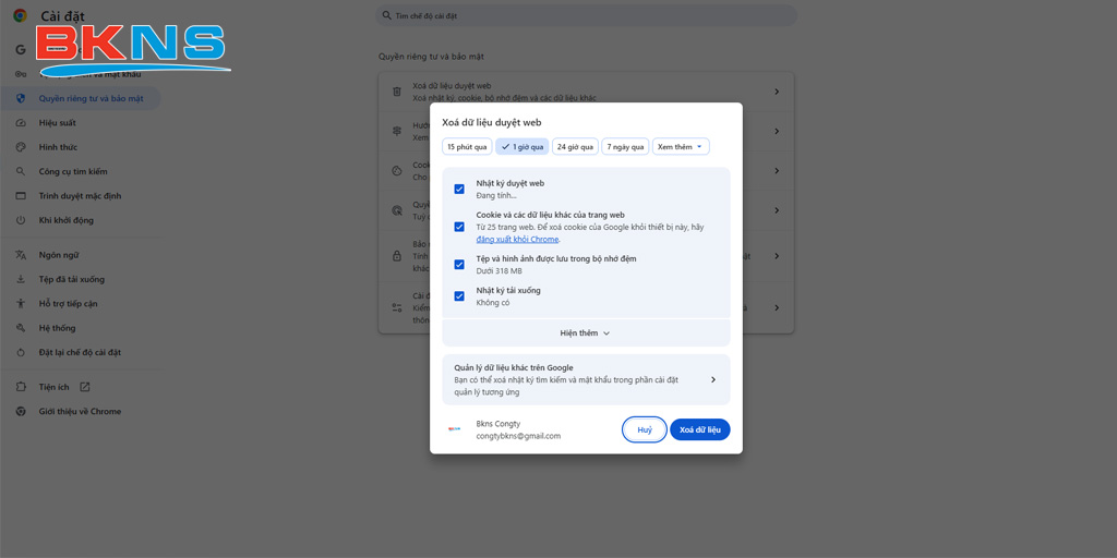 Xóa bộ nhớ Cache trình duyệt Chrome