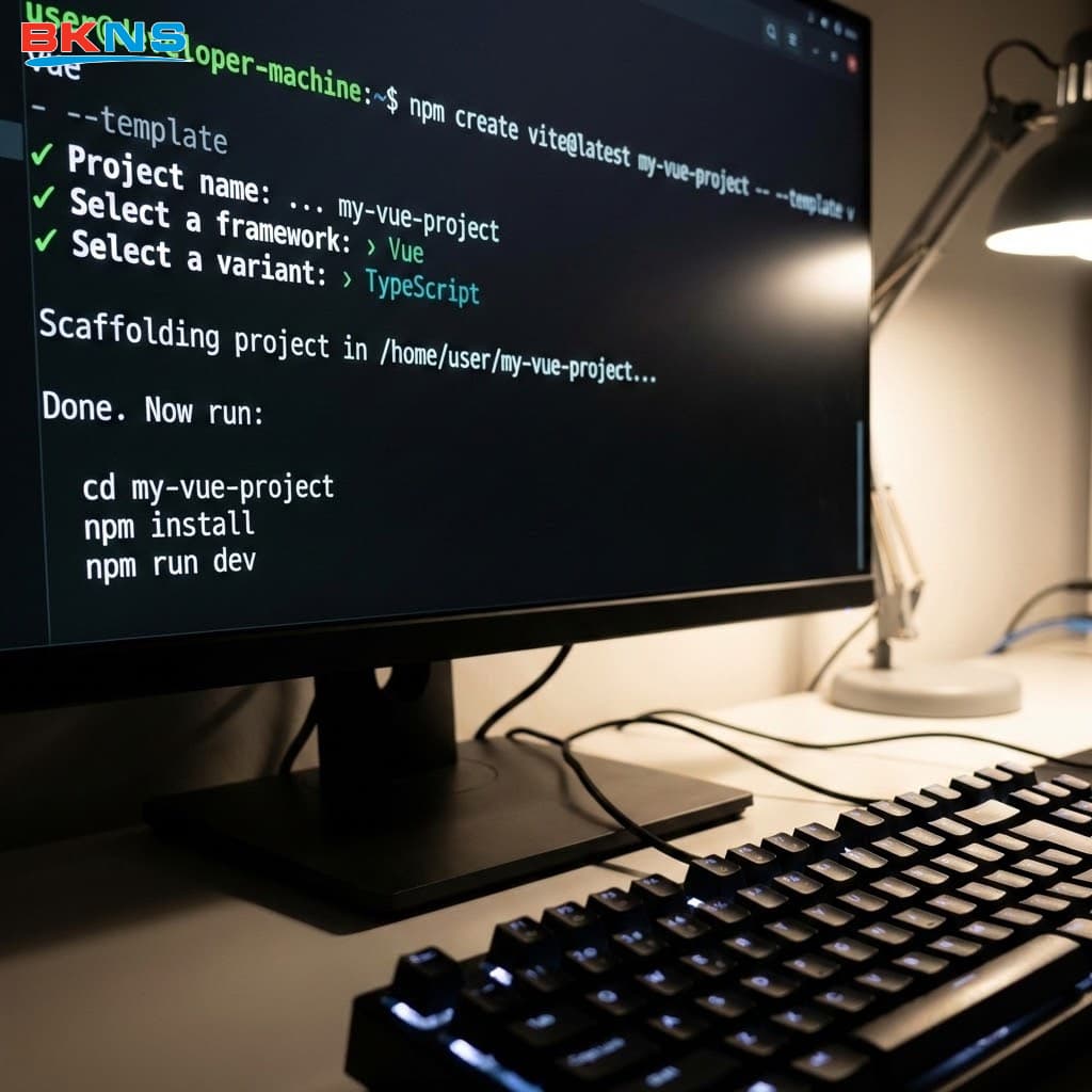 Mô phỏng màn hình terminal thực tế chạy lệnh khởi tạo dự án