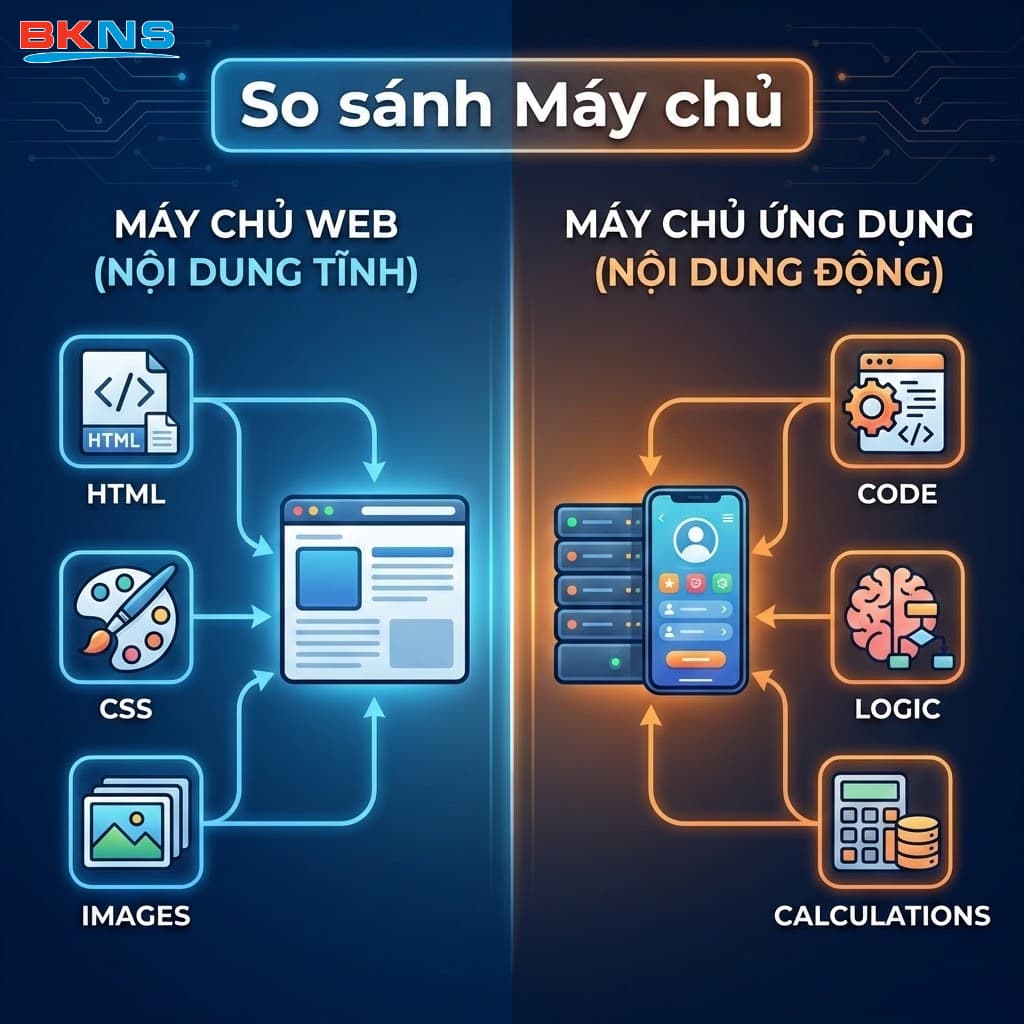Phân biệt rõ rệt vai trò của Web Server và Application Server dựa trên loại nội dung và giao thức mà chúng hỗ trợ