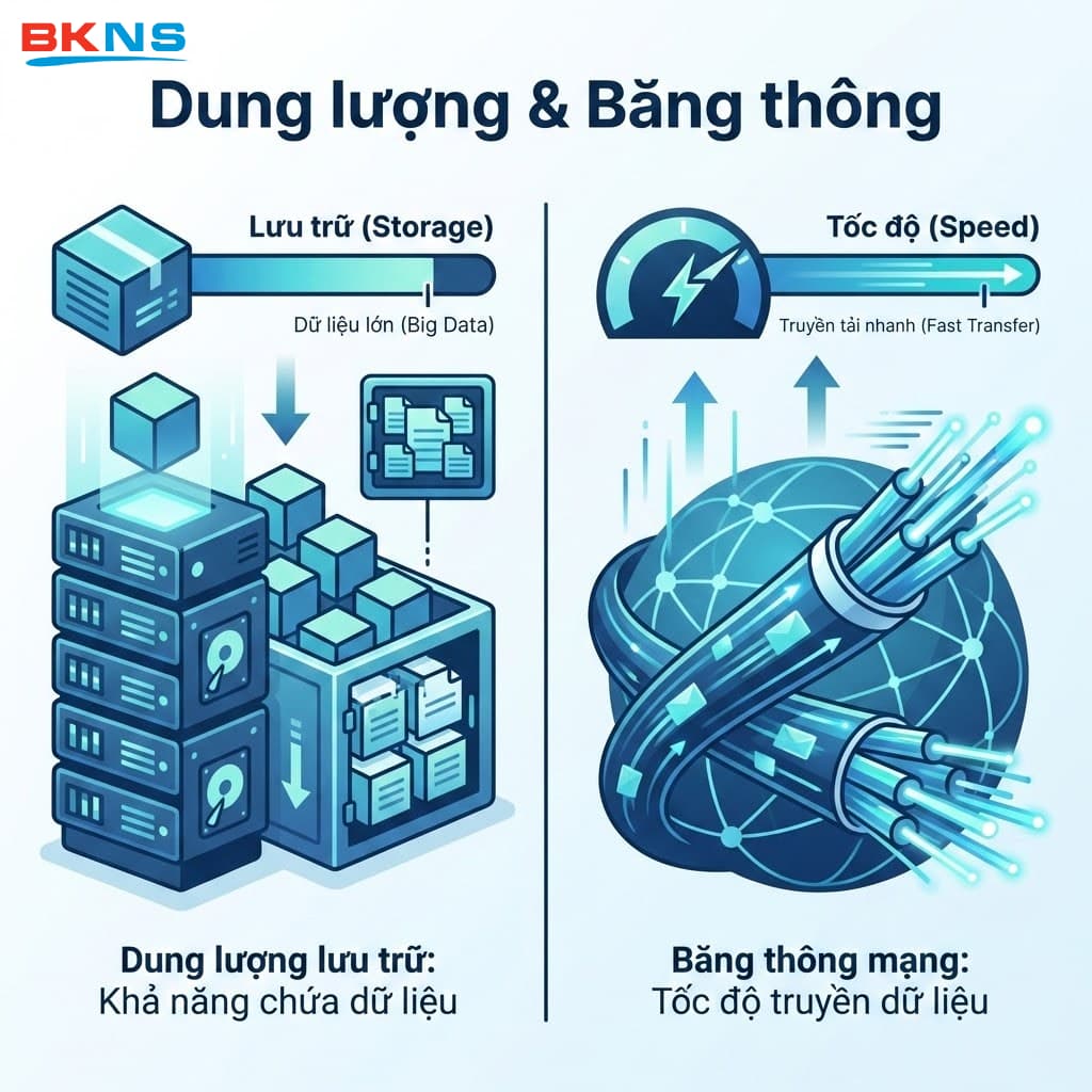 Phân biệt rõ sự khác nhau giữa dung lượng (sức chứa dữ liệu) và băng thông (lưu lượng đường truyền) sẽ giúp bạn lựa chọn đúng gói dịch vụ cần thiết