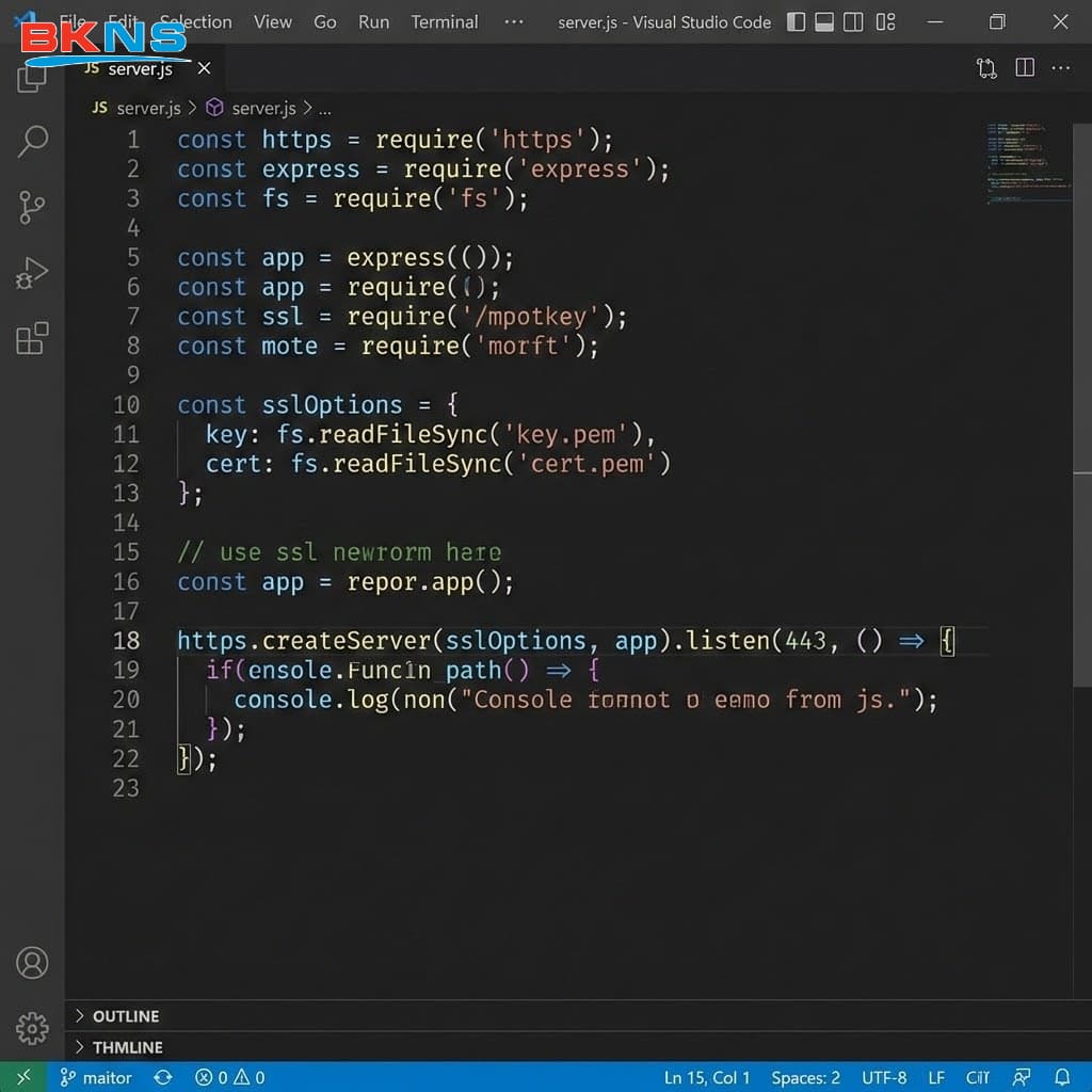 Sử dụng lệnh node để khởi động server HTTPS và kiểm tra kết quả thông báo hoạt động trên cổng bảo mật