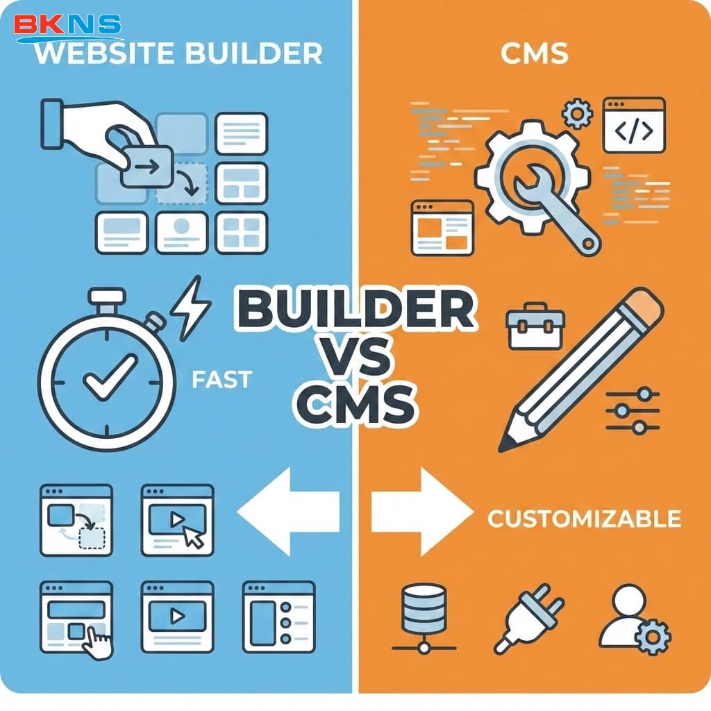 Builder đề cao sự tiện lợi trong khi CMS mạnh về tùy biến