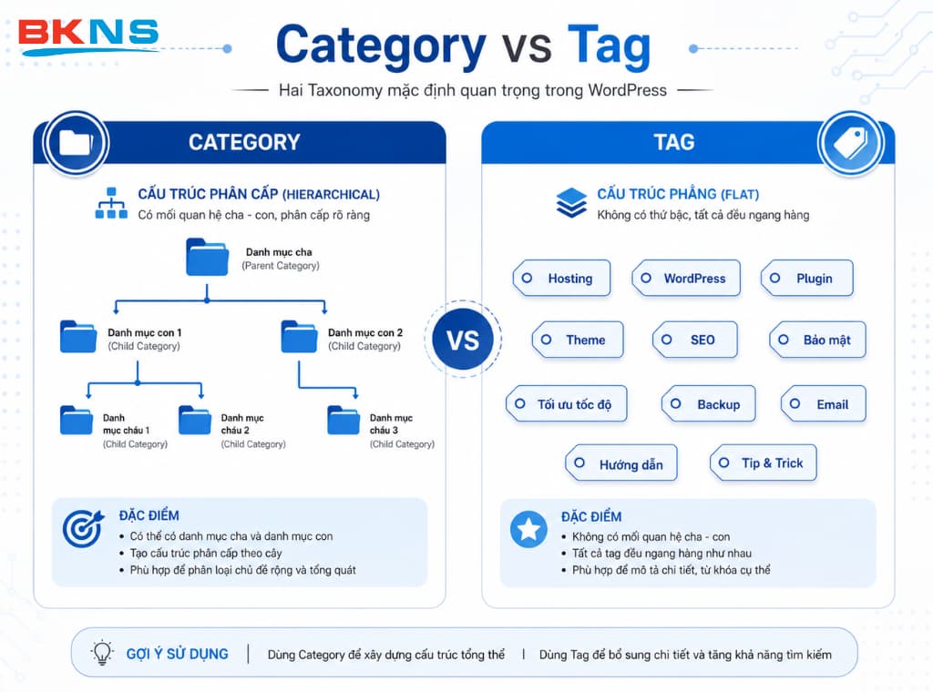 Phân biệt Category (phân cấp) và Tag (ngang hàng) để tổ chức cấu trúc nội dung website khoa học