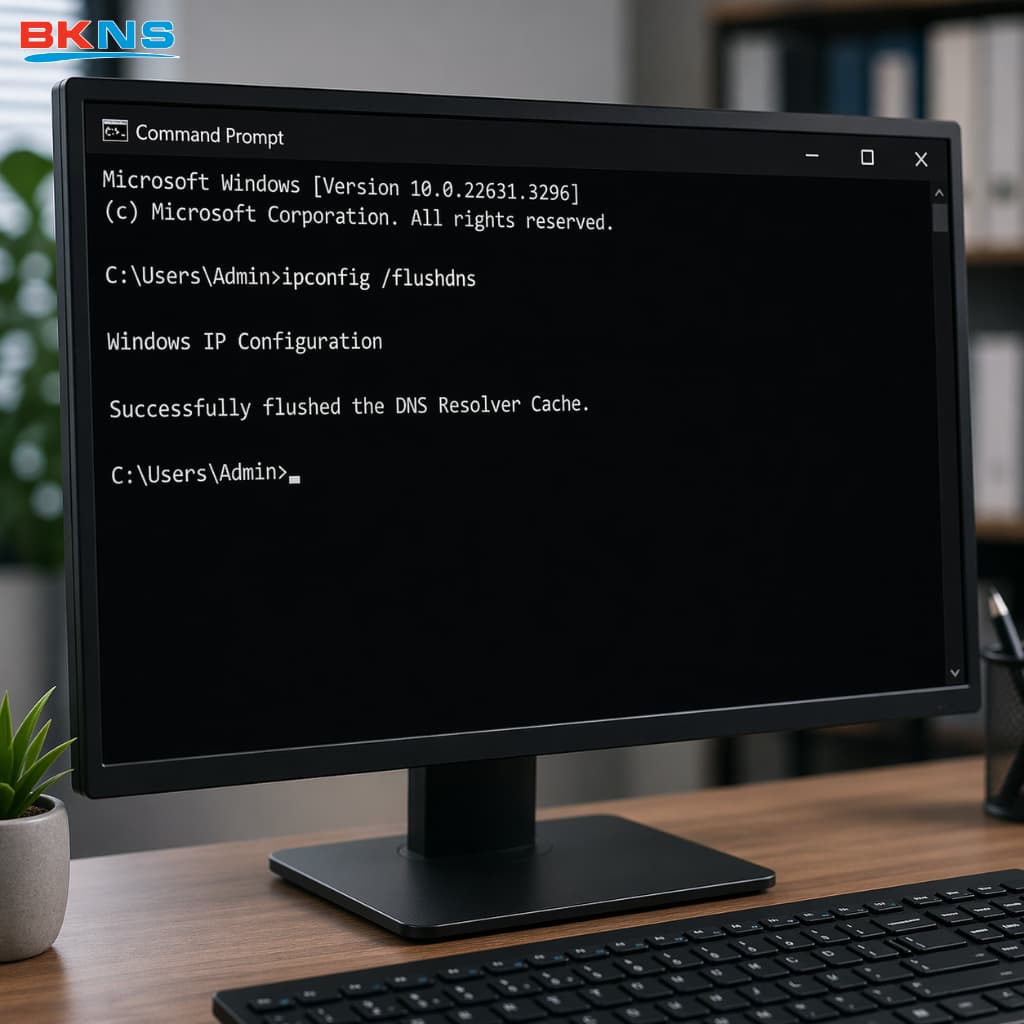 Xóa DNS cache bằng lệnh ipconfig /flushdns trên Windows Command Prompt để sửa lỗi NXDOMAIN