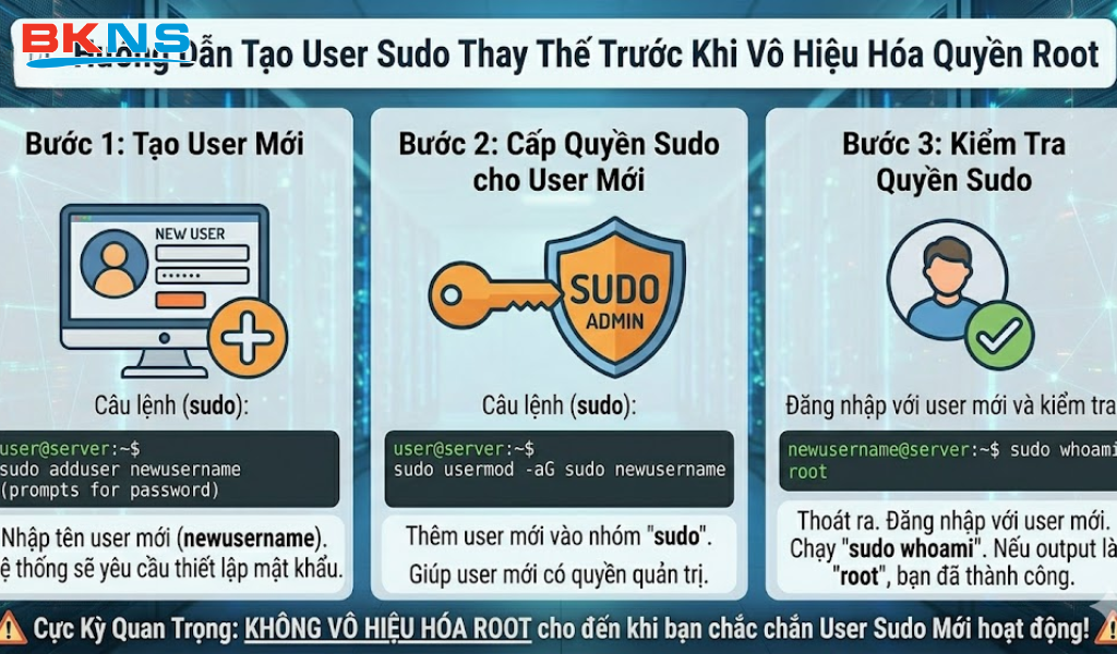 Tạo user sudo thay thế trước khi vô hiệu hóa quyền root