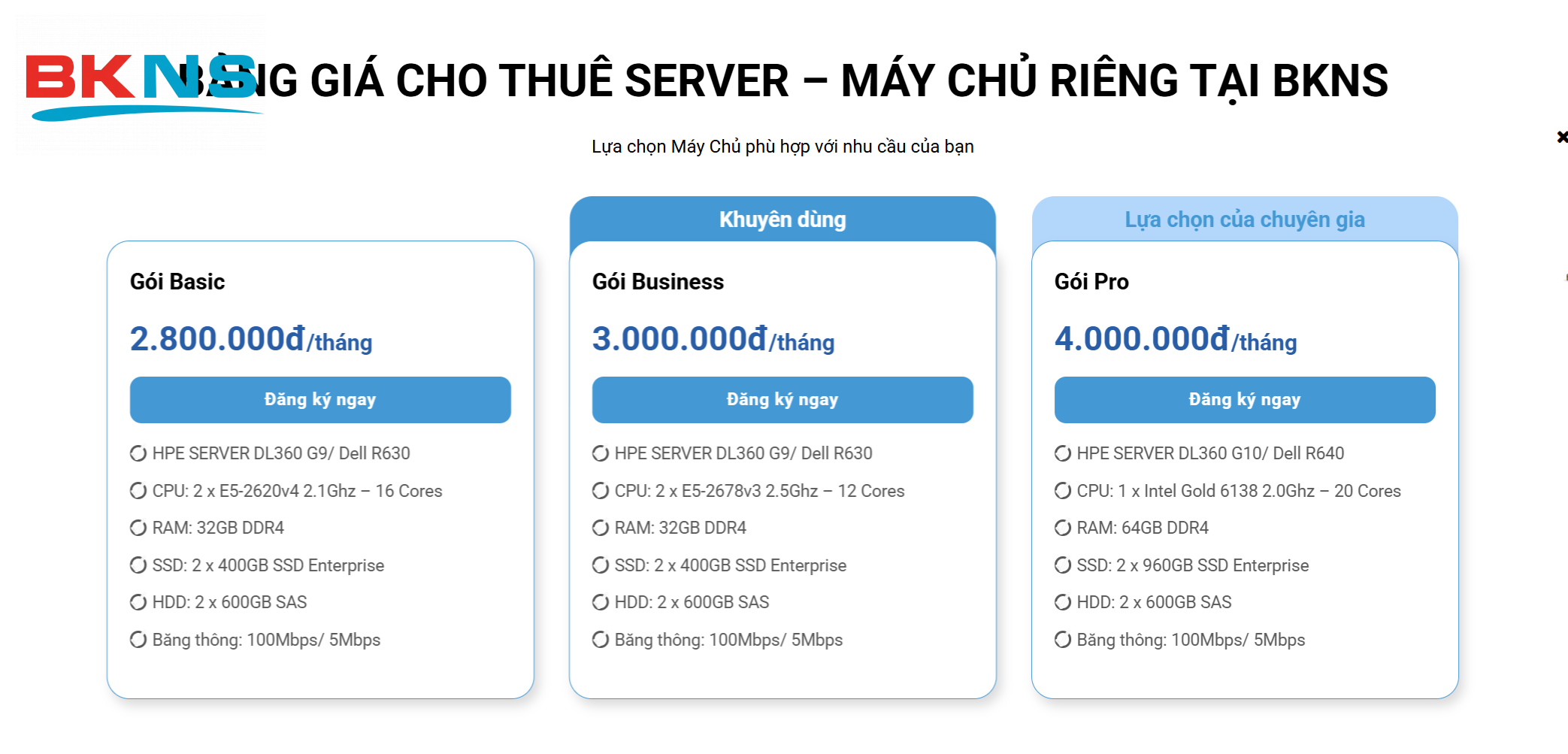 Bảng giá máy chủ tại BKNS
