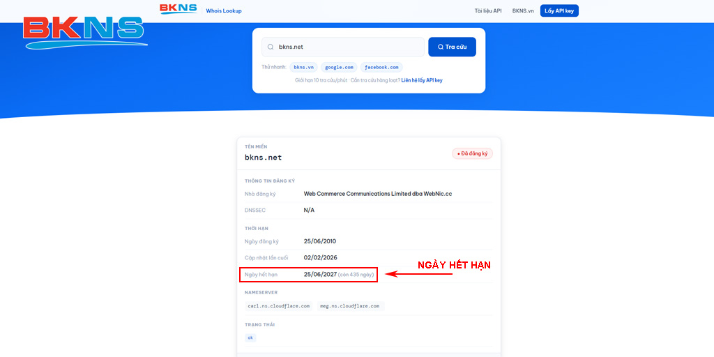 Công cụ Whois BKNS trả về kết quả tình trạng tên miền