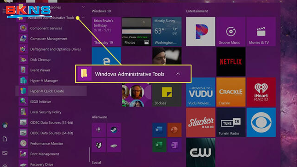 Nhấn Start → Windows Administrative Tools