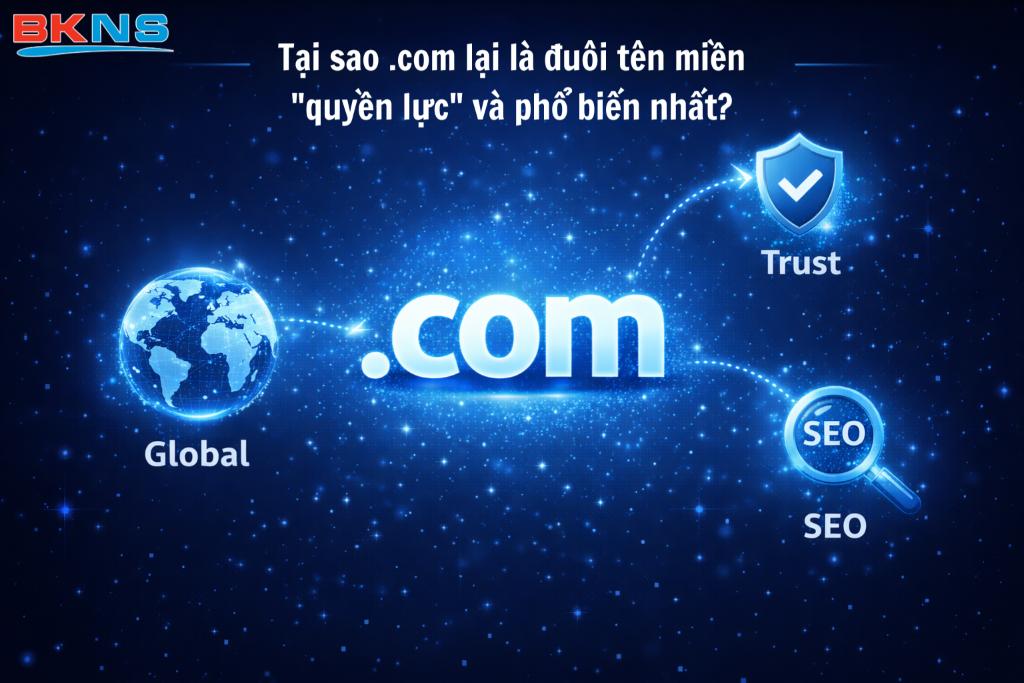 Sự tin cậy (Trust), độ nhận diện toàn cầu (Global) và lợi thế tối ưu tìm kiếm (SEO) là ba yếu tố cốt lõi tạo nên "quyền lực" của tên miền .com.