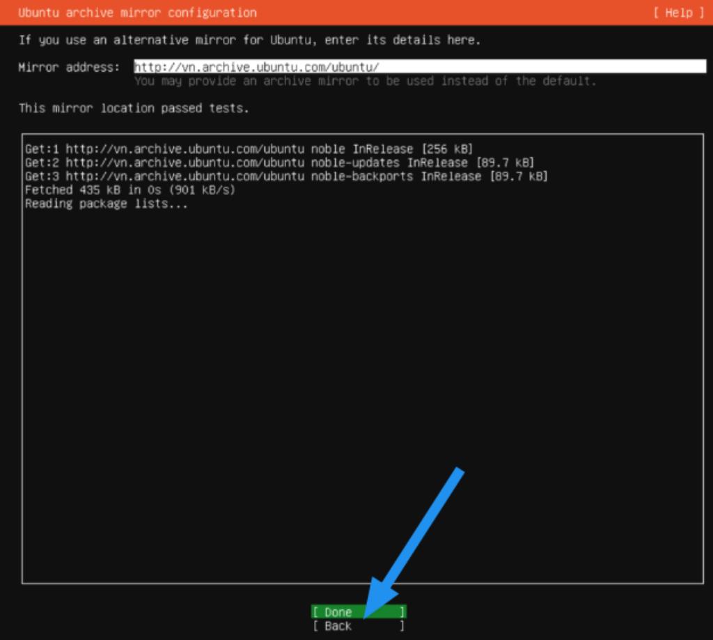 Hệ thống chỉ định vị mirror khi đã cấu hình mạng ra Internet thành công