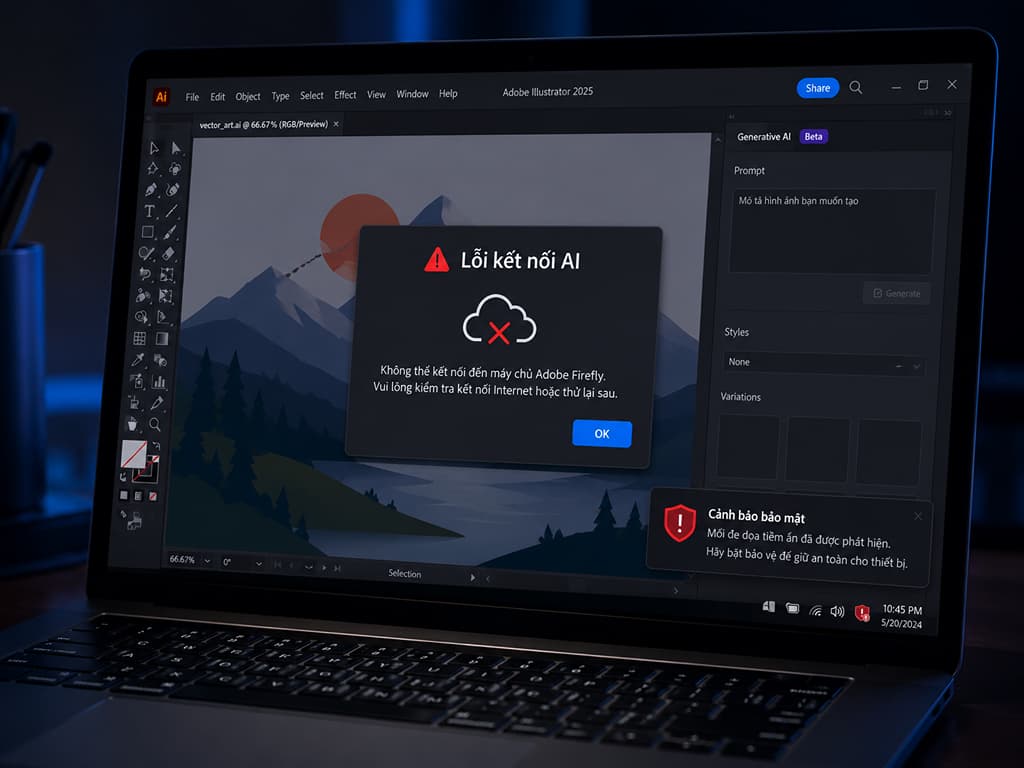 Bản crack không thể sử dụng tính năng AI do bị ngắt kết nối với hệ thống máy chủ Adobe.