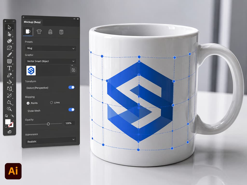 Công cụ Mockup (beta) tự động nhận diện bề mặt để áp dụng thiết kế vector cực kỳ chân thực.