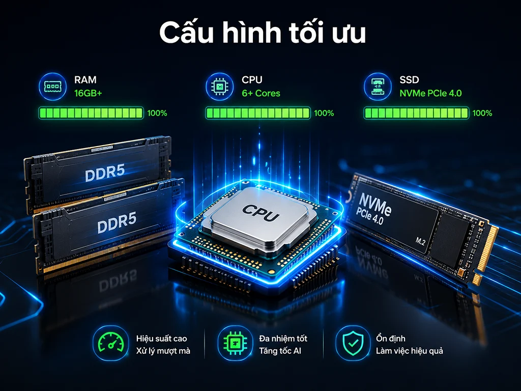 Để sử dụng mượt mà các tính năng AI trên Illustrator 2024, máy tính cần CPU mạnh và RAM tối thiểu từ 16GB.