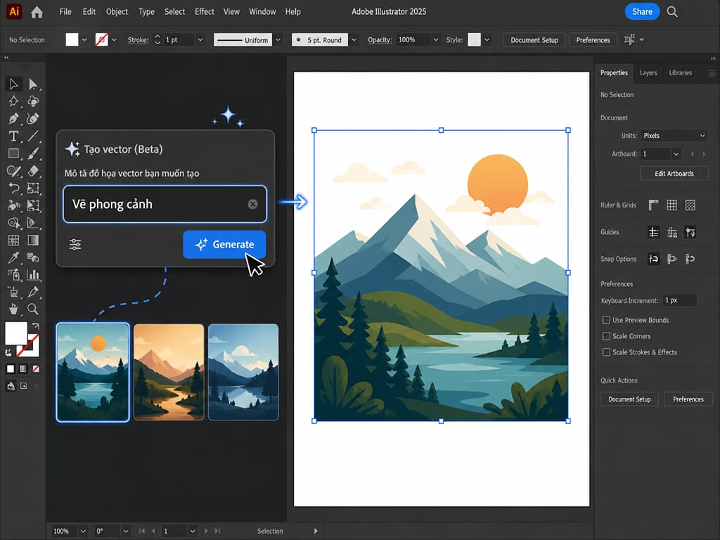 Illustrator 2025 dễ dàng tạo nhanh các bản vẽ vector chuyên nghiệp chỉ từ vài từ khóa mô tả.
