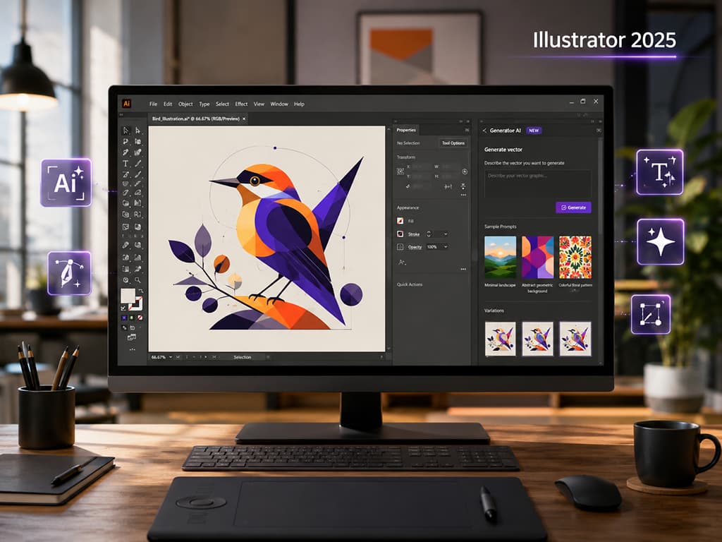Illustrator 2025 sở hữu giao diện hiện đại cùng các công cụ AI Firefly thông minh.