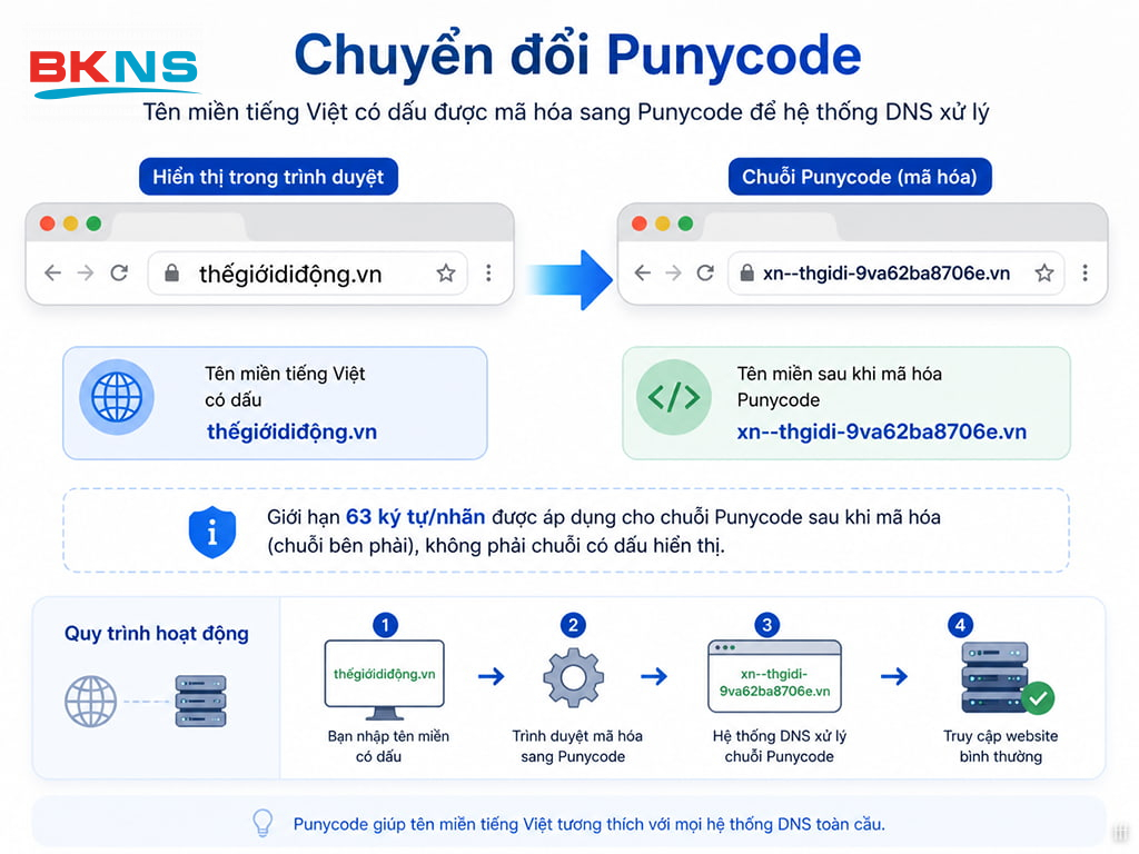 Cách tính độ dài tên miền tiếng Việt có dấu (IDN) dựa trên chuỗi mã hóa Punycode đảm bảo chuẩn giới hạn 63 ký tự.