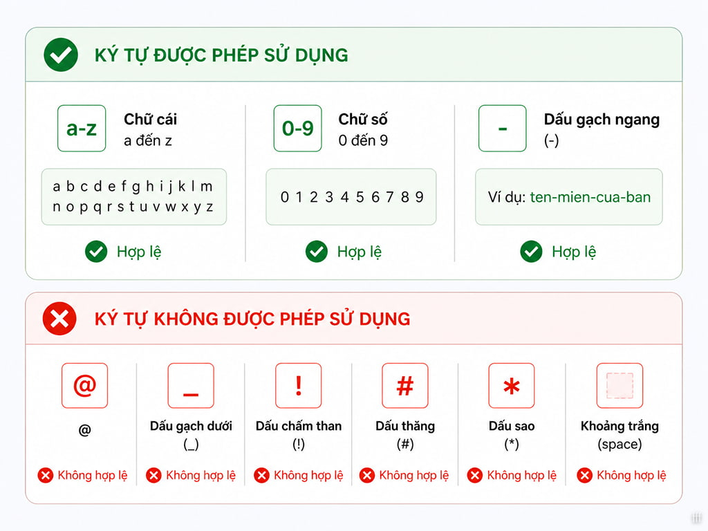 Tuân thủ 4 quy tắc đặt tên miền chuẩn quốc tế RFC 1035 về ký tự hợp lệ và vị trí dấu gạch ngang tránh lỗi cú pháp.