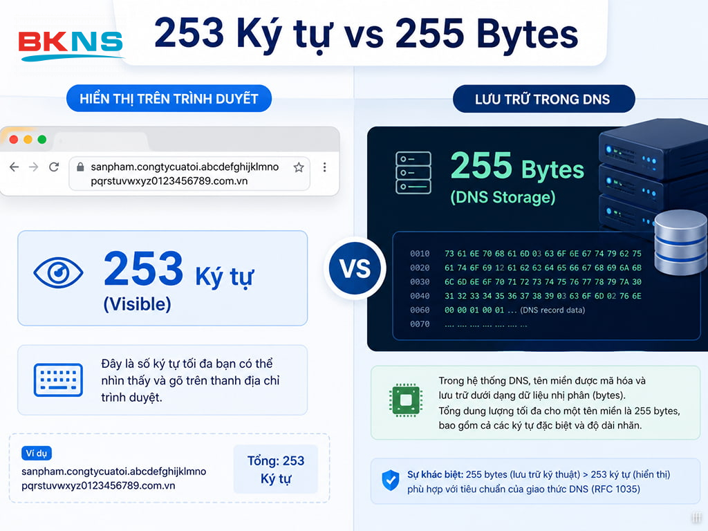 Giải thích kỹ thuật DNS về số lượng ký tự tên miền tối đa thực tế là 253 ký tự thay vì 255 hay 263 bytes lưu trữ.