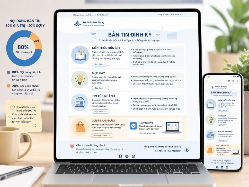 Áp dụng nguyên tắc vàng 80/20 trong Email Newsletter: Tập trung trao giá trị miễn phí trước khi khéo léo gợi ý sản phẩm.
