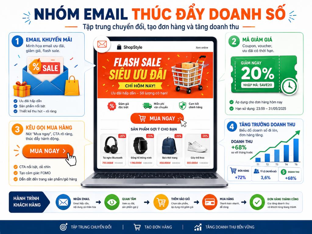 Kích thích chuyển đổi và bứt phá doanh thu trực tiếp nhờ tối ưu hóa các chiến dịch Email khuyến mãi, flash sale đúng thời điểm.