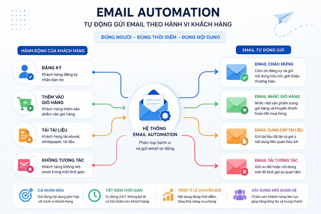 Xây dựng sự chuyên nghiệp và an tâm tuyệt đối cho khách hàng thông qua chuỗi Email giao dịch, xác nhận đơn hàng tự động.