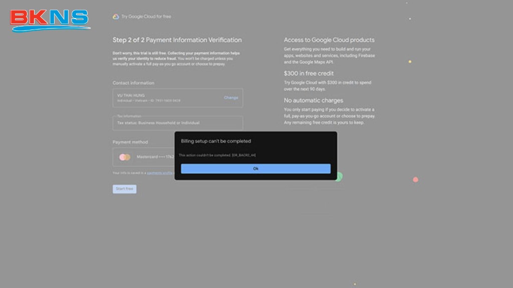 Lỗi khi đăng ký tài khoản Google Cloud