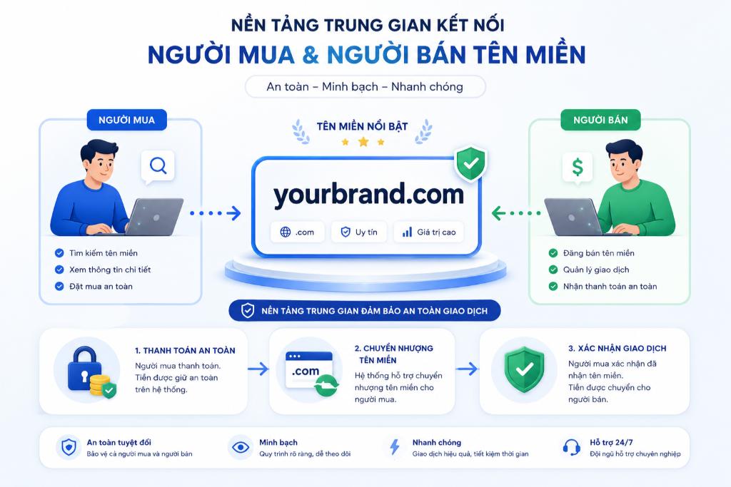 Sàn đấu giá đóng vai trò là nền tảng trung gian, giúp kết nối giao dịch giữa người mua và người bán tên miền một cách an toàn và minh bạch.