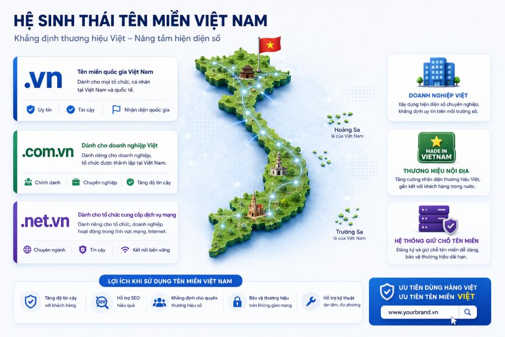 Hệ sinh thái tên miền quốc gia Việt Nam (như .vn, .com.vn) là lựa chọn ưu tiên giúp doanh nghiệp khẳng định uy tín thương hiệu số.